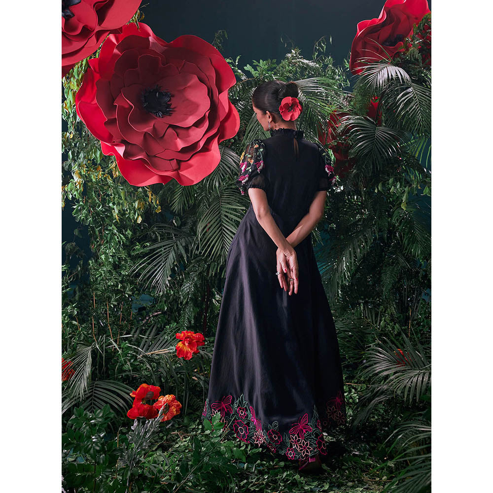 CHANDRIMA Black Chanderi Floral Half Sleeves Ruffled Neck Bead Work Maxi Dress