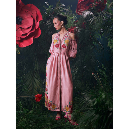 CHANDRIMA Pink Chanderi Floral Balloon Sleeve Mandarin Neck Bead Work Maxi Dress