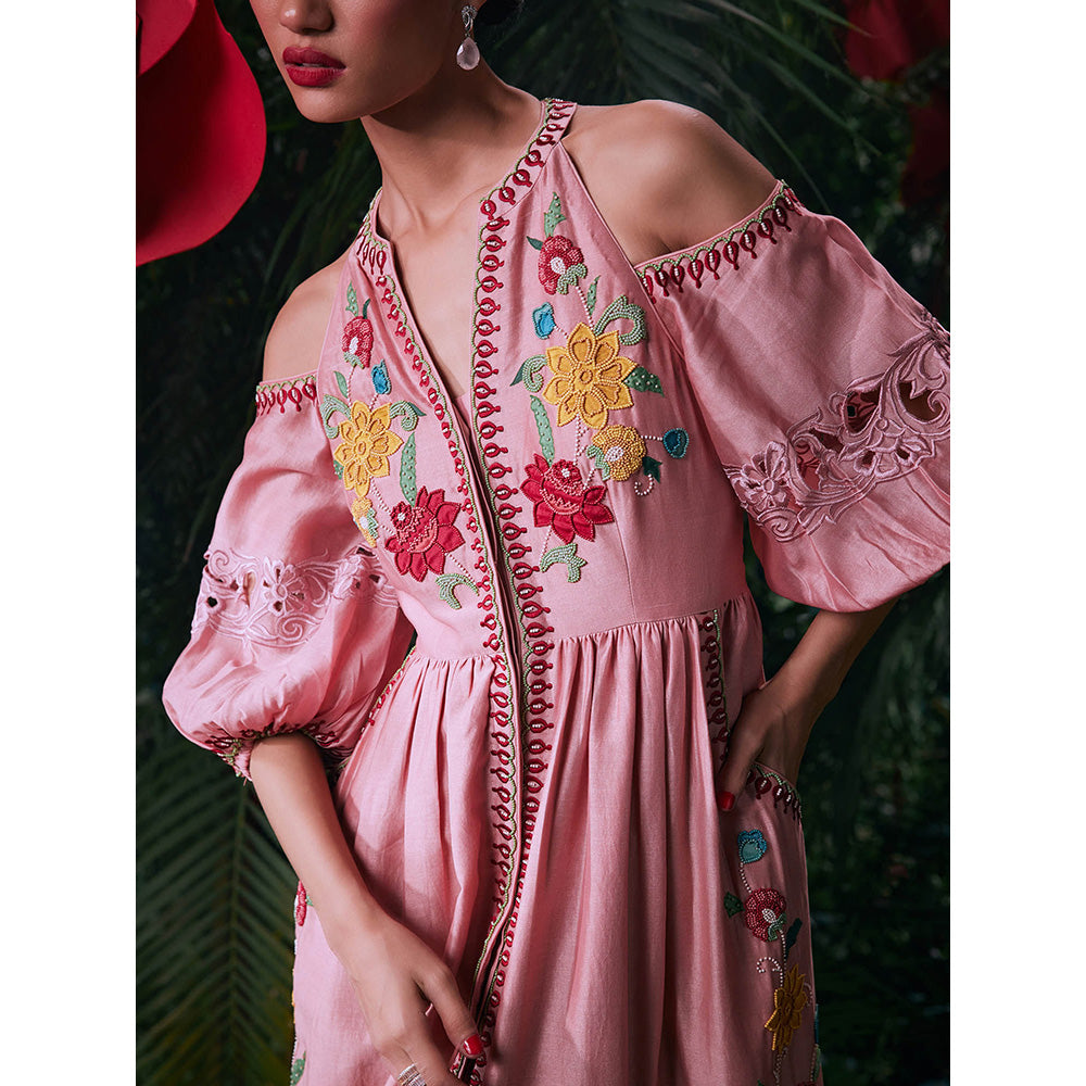 CHANDRIMA Pink Chanderi Floral Balloon Sleeve Mandarin Neck Bead Work Maxi Dress