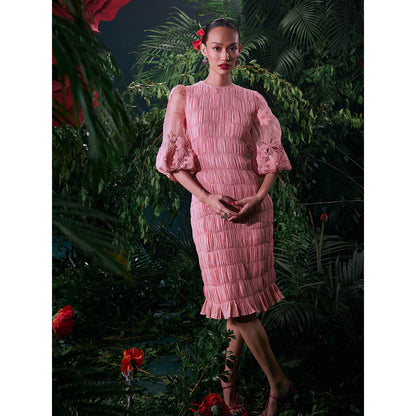 CHANDRIMA Pink Cotton Embroidered Balloon Sleeve Crew Neck Thread Work Midi Dress