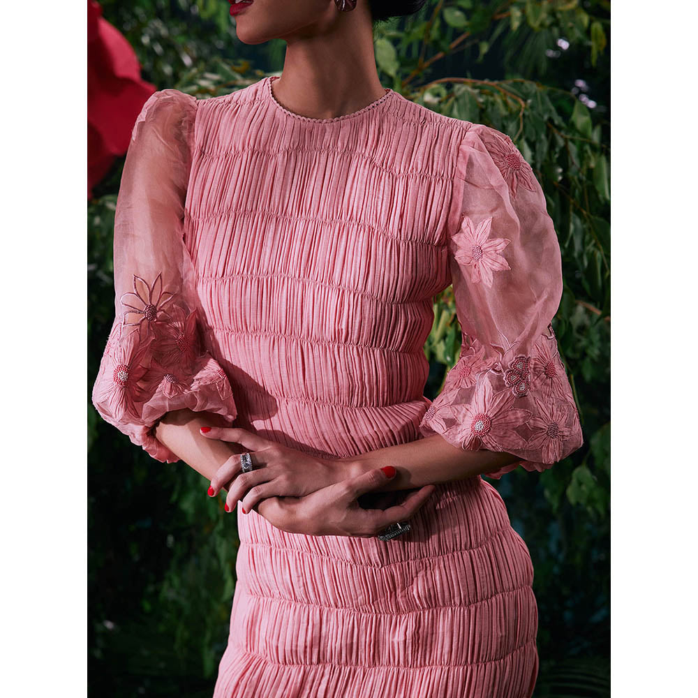 CHANDRIMA Pink Cotton Embroidered Balloon Sleeve Crew Neck Thread Work Midi Dress