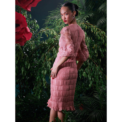 CHANDRIMA Pink Cotton Embroidered Balloon Sleeve Crew Neck Thread Work Midi Dress