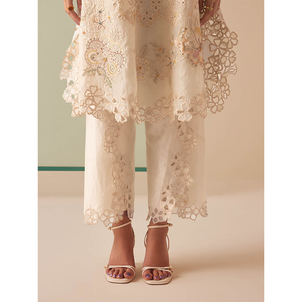 CHANDRIMA Ivory Chanderi Self Design Embroidered Pant