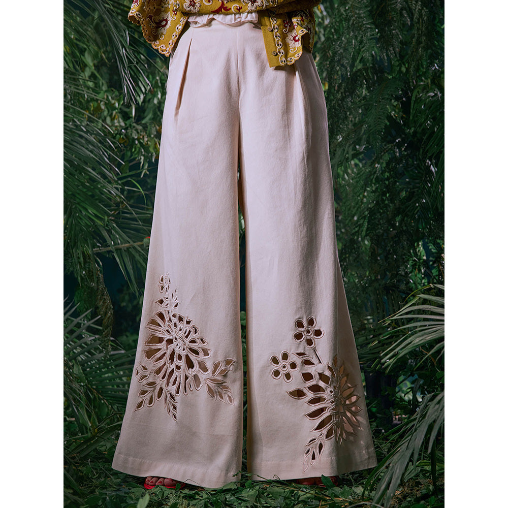 CHANDRIMA Ivory Cotton Embroidered Thread Work Pant