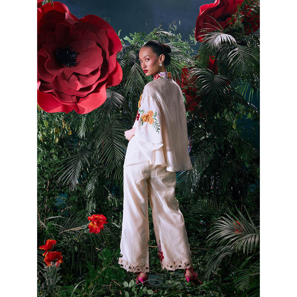 CHANDRIMA Ivory Chanderi Floral Bead Work Pant