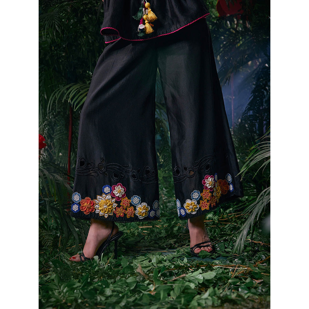 CHANDRIMA Black Chanderi Floral Bead Work Pant