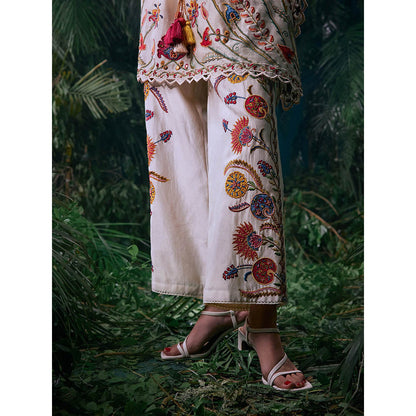 CHANDRIMA Ivory Chanderi Floral Bead Work Pant