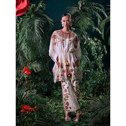 CHANDRIMA Ivory Chanderi Floral Bead Work Pant