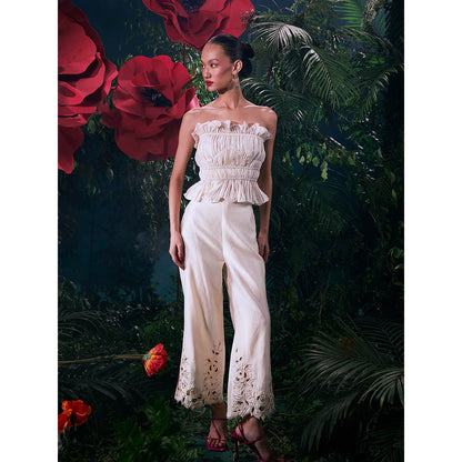 CHANDRIMA Ivory Chanderi Embroidered Thread Work Pant