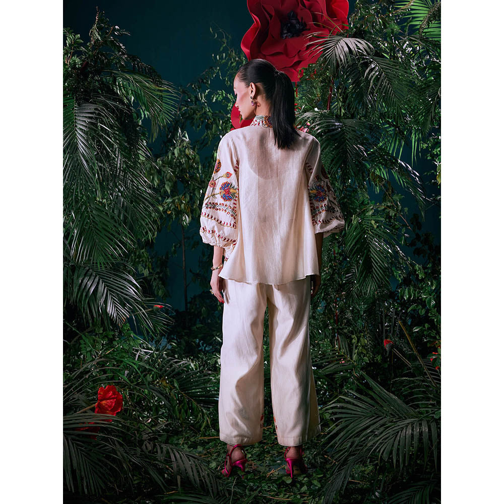 CHANDRIMA Ivory Chanderi Floral Bead Work Pant
