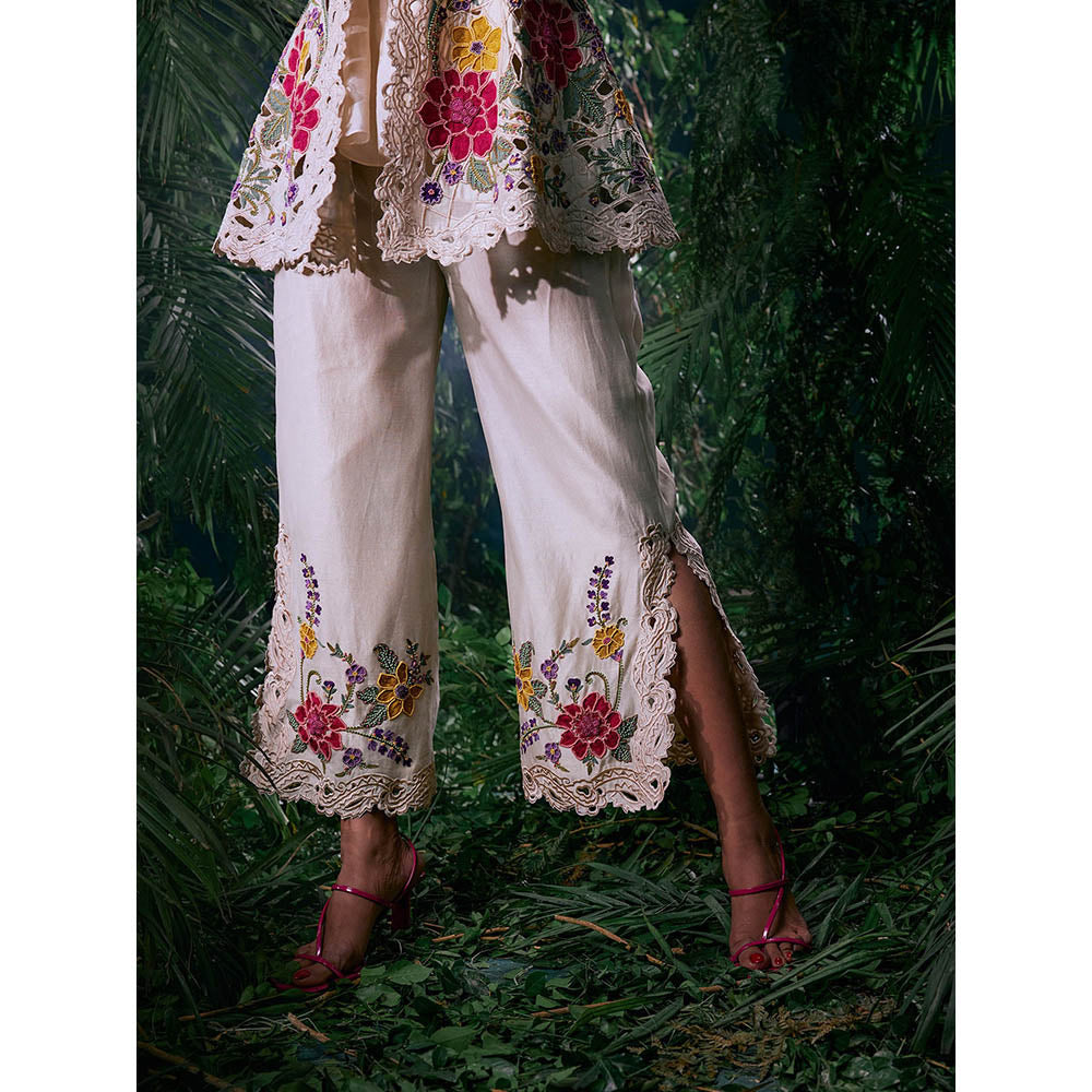 CHANDRIMA Ivory Chanderi Floral Bead Work Pant