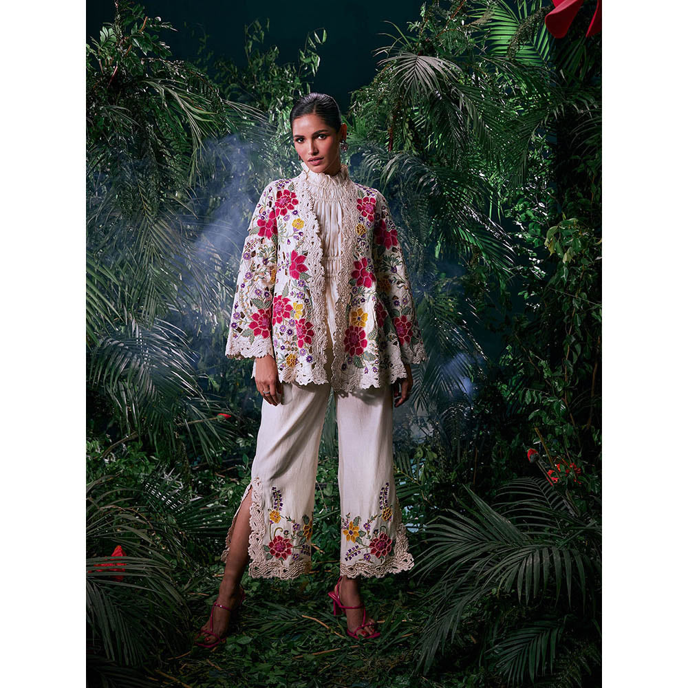 CHANDRIMA Ivory Chanderi Floral Bead Work Pant