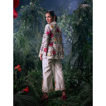 CHANDRIMA Ivory Chanderi Floral Bead Work Pant