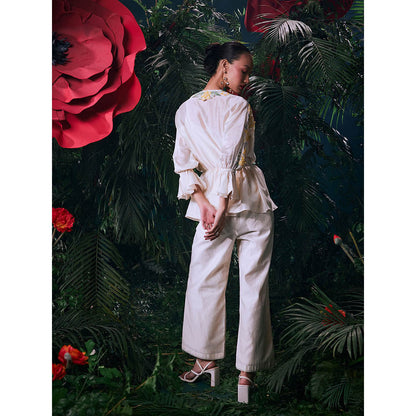 CHANDRIMA Ivory Chanderi Floral Bead Work Pant