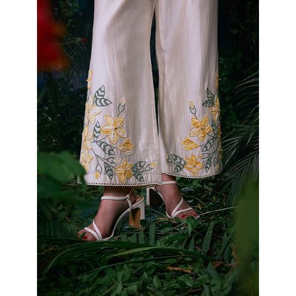 CHANDRIMA Ivory Chanderi Floral Bead Work Pant
