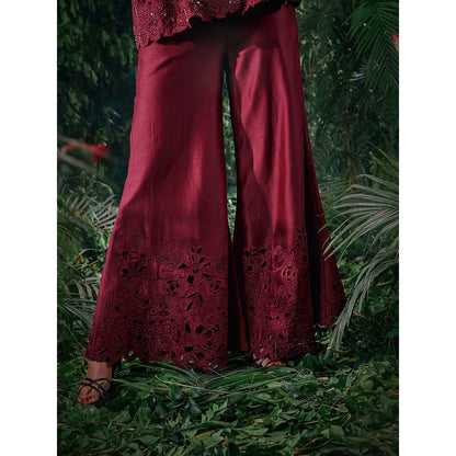 CHANDRIMA Wine Chanderi Embroidered Thread Work Pant