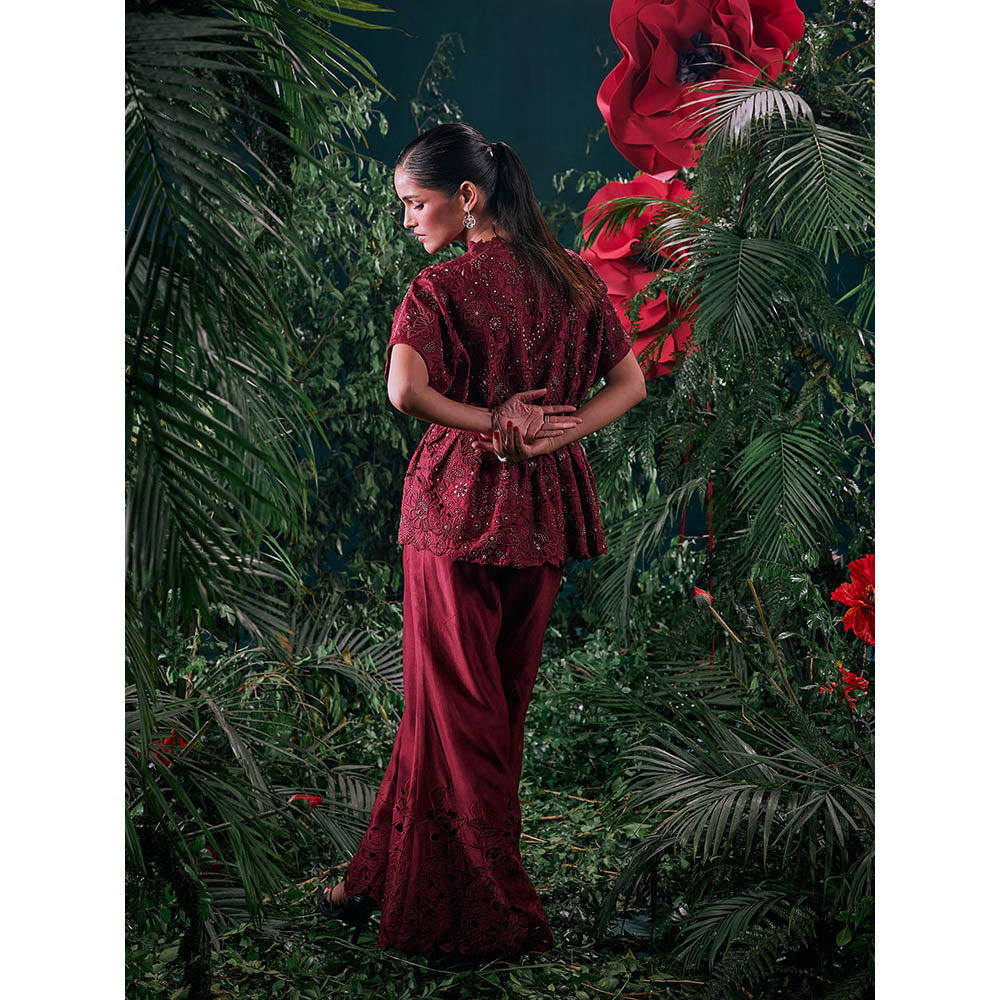 CHANDRIMA Wine Chanderi Embroidered Thread Work Pant