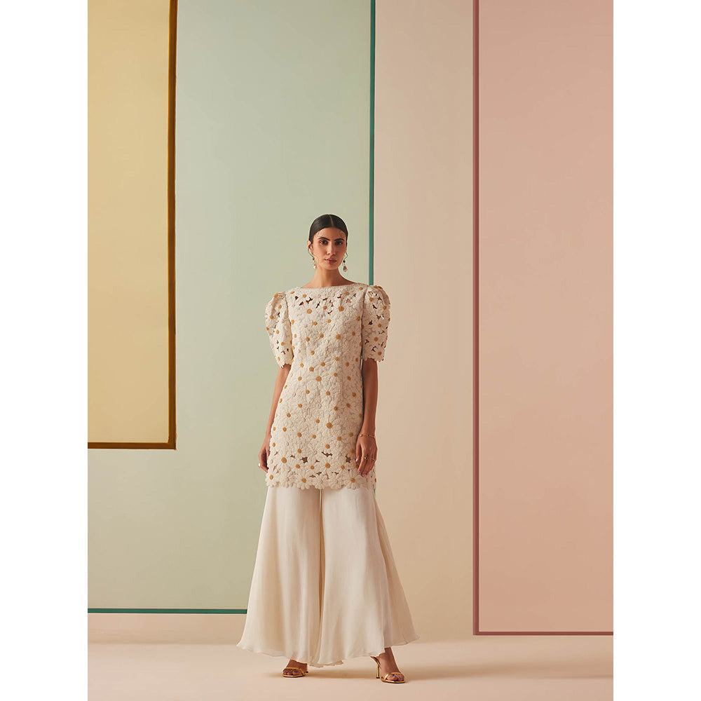 CHANDRIMA Ivory Chanderi Floral Puff Sleeves Bead Work Kurta with Sharara (Set of 2)