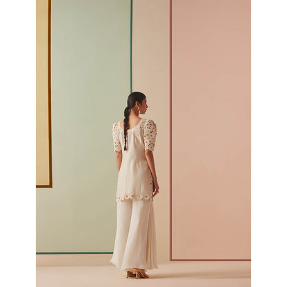 CHANDRIMA Ivory Chanderi Floral Puff Sleeves Bead Work Kurta with Sharara (Set of 2)