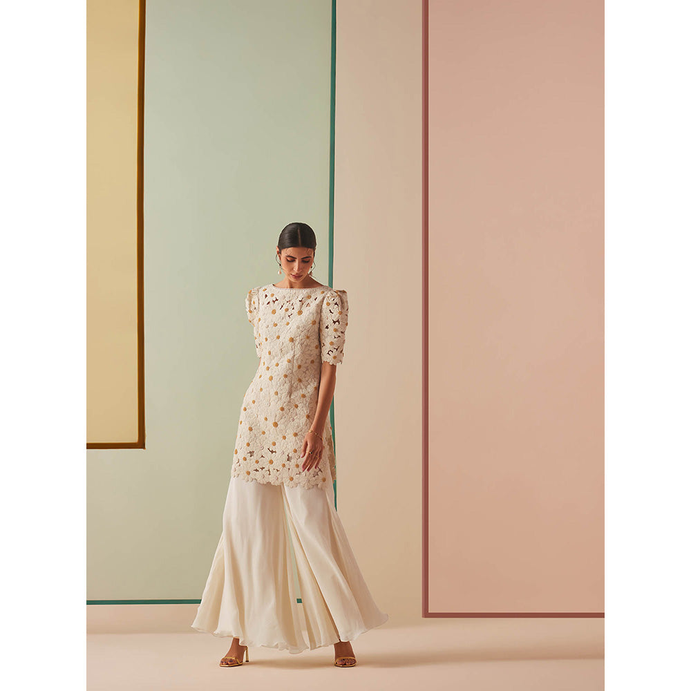 CHANDRIMA Ivory Chanderi Floral Puff Sleeves Bead Work Kurta with Sharara (Set of 2)