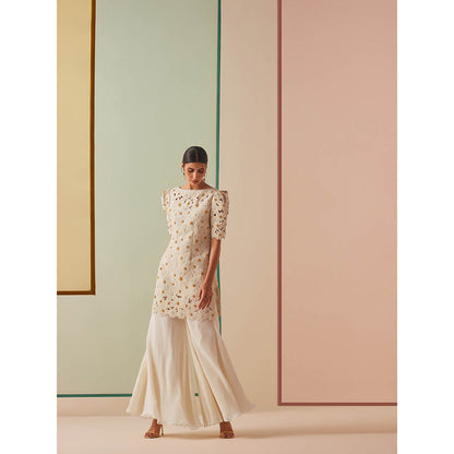 CHANDRIMA Ivory Chanderi Floral Puff Sleeves Bead Work Kurta with Sharara (Set of 2)