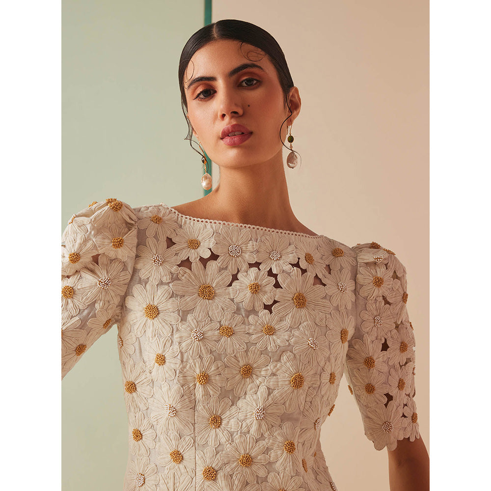 CHANDRIMA Ivory Chanderi Floral Puff Sleeves Bead Work Kurta with Sharara (Set of 2)