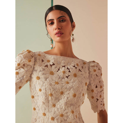 CHANDRIMA Ivory Chanderi Floral Puff Sleeves Bead Work Kurta with Sharara (Set of 2)