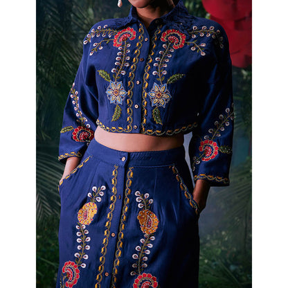 CHANDRIMA Navy Blue Chanderi Floral Three Fourth Sleeves Collar Neck Bead Work Crop Shirt