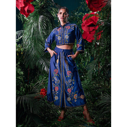CHANDRIMA Navy Blue Chanderi Floral Three Fourth Sleeves Collar Neck Bead Work Crop Shirt