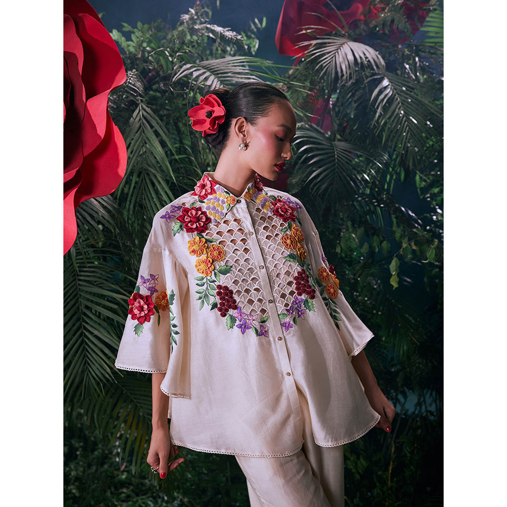 CHANDRIMA Ivory Chanderi Floral Three Fourth Sleeves Collar Neck Bead Work Shirt