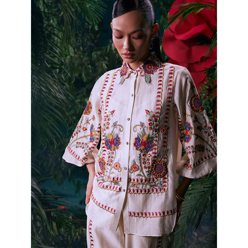 CHANDRIMA Ivory Chanderi Embroidered Three Fourth Sleeves Collar Neck Bead Work Shirt