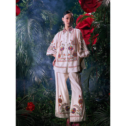 CHANDRIMA Ivory Chanderi Embroidered Three Fourth Sleeves Collar Neck Bead Work Shirt