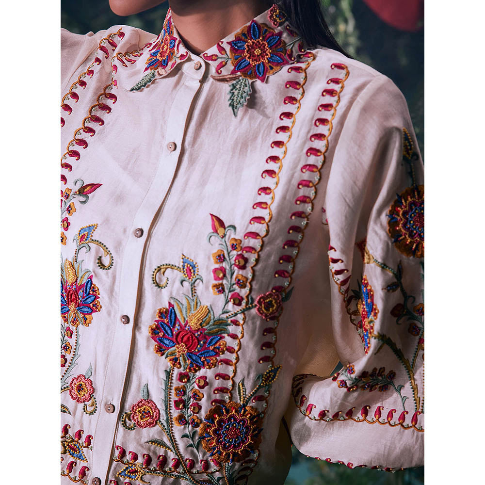 CHANDRIMA Ivory Chanderi Embroidered Three Fourth Sleeves Collar Neck Bead Work Shirt