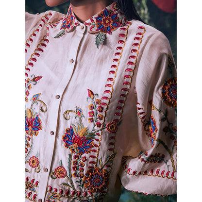 CHANDRIMA Ivory Chanderi Embroidered Three Fourth Sleeves Collar Neck Bead Work Shirt