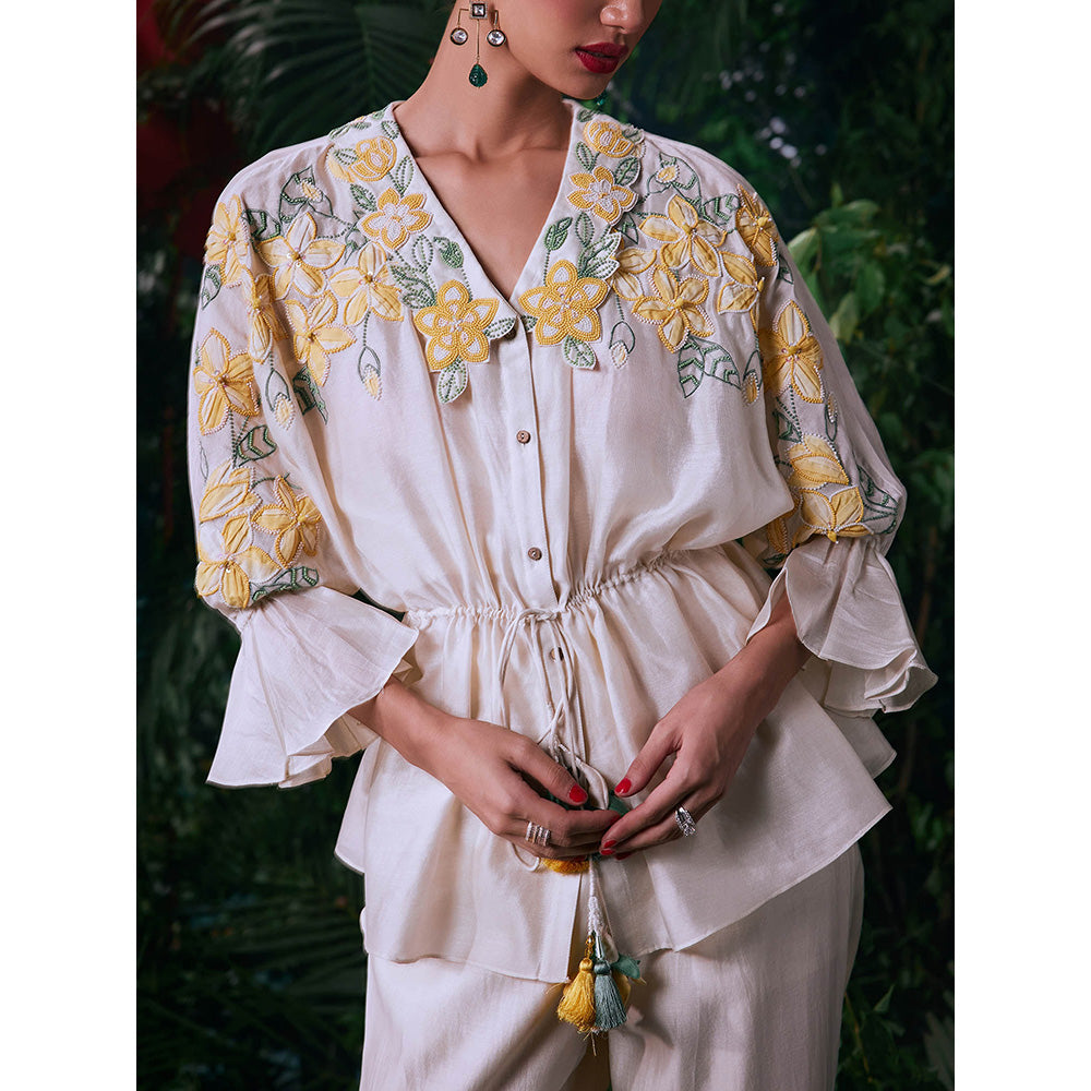 CHANDRIMA Ivory Chanderi Floral Bell Sleeves V-Neck Bead Work Shirt