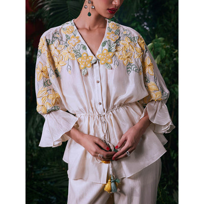 CHANDRIMA Ivory Chanderi Floral Bell Sleeves V-Neck Bead Work Shirt