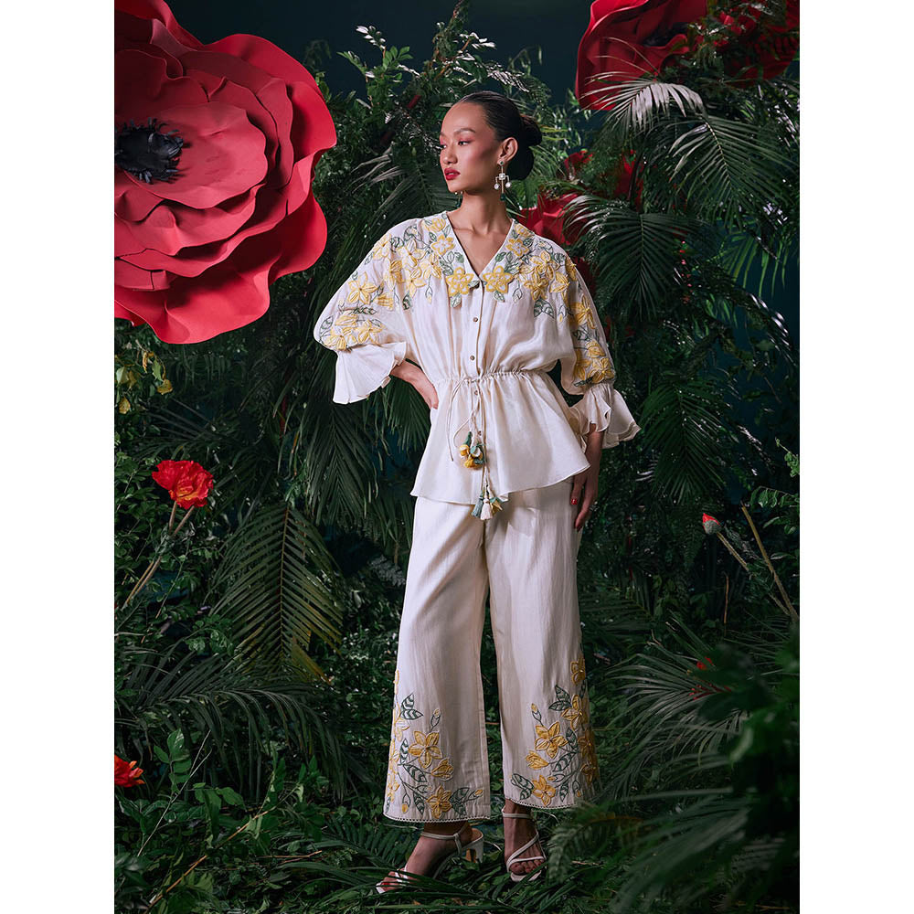 CHANDRIMA Ivory Chanderi Floral Bell Sleeves V-Neck Bead Work Shirt