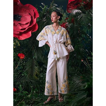 CHANDRIMA Ivory Chanderi Floral Bell Sleeves V-Neck Bead Work Shirt