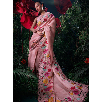 CHANDRIMA Pink Chanderi Floral Sleeveless Crew Neck Bead Work Blouse