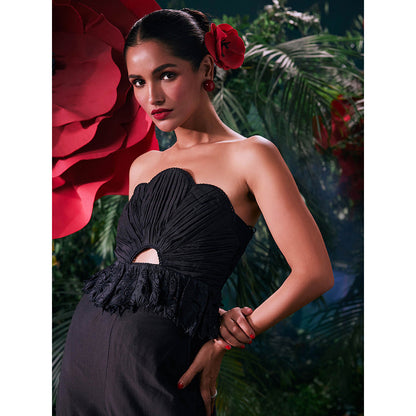 CHANDRIMA Black Chanderi Pleated Sleeveless Strapless/Tube Embroidered Top