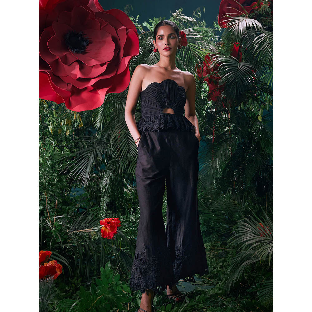 CHANDRIMA Black Chanderi Pleated Sleeveless Strapless/Tube Embroidered Top