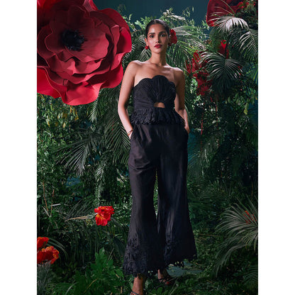 CHANDRIMA Black Chanderi Pleated Sleeveless Strapless/Tube Embroidered Top