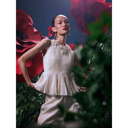 CHANDRIMA Ivory Chanderi Floral Sleeveless Crew Neck Top