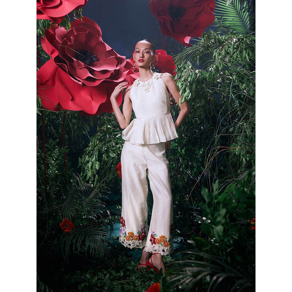 CHANDRIMA Ivory Chanderi Floral Sleeveless Crew Neck Top