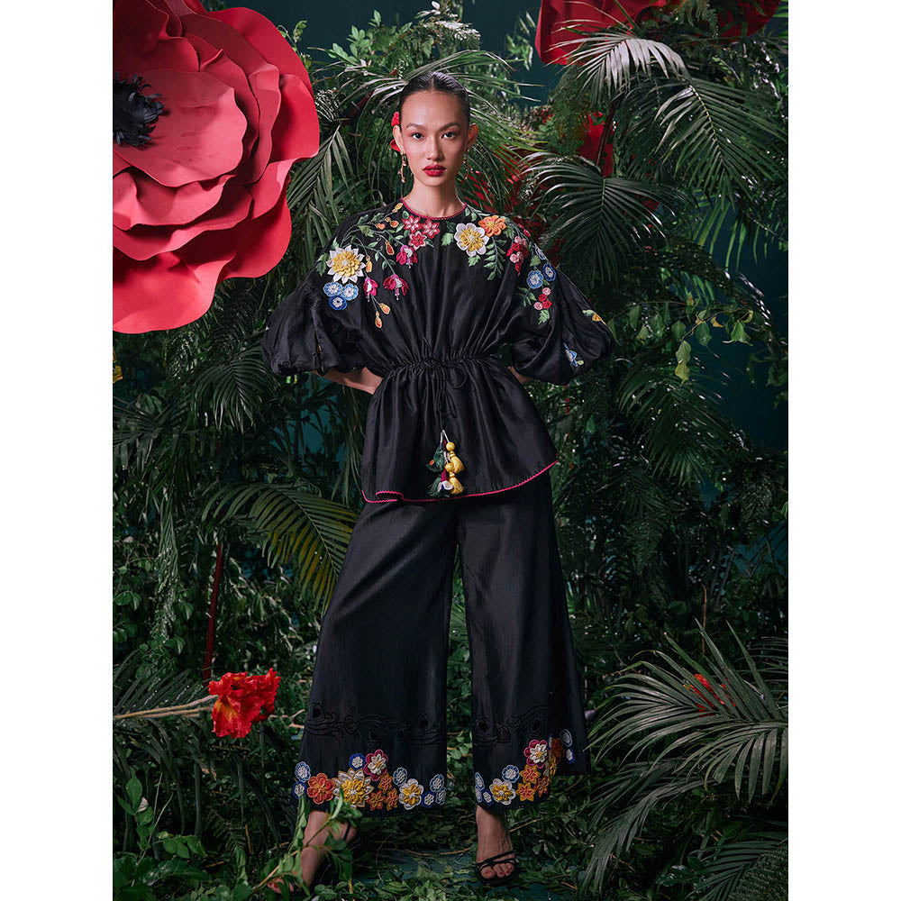 CHANDRIMA Black Chanderi Floral Balloon Sleeve Collar Neck Bead Work Top