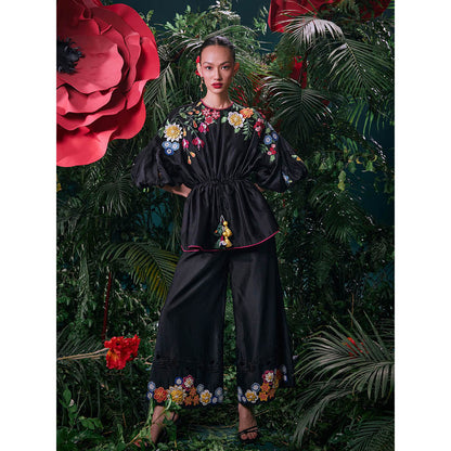 CHANDRIMA Black Chanderi Floral Balloon Sleeve Collar Neck Bead Work Top