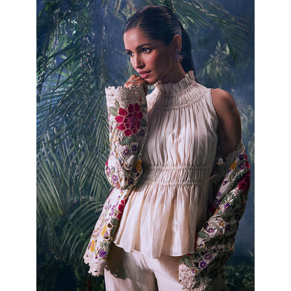 CHANDRIMA Ivory Chanderi Solid Sleeveless Ruffled Neck Lace Work Top