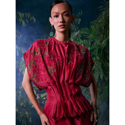 CHANDRIMA Pink Chanderi Floral Flared Sleeves Crew Neck Bead Work Top