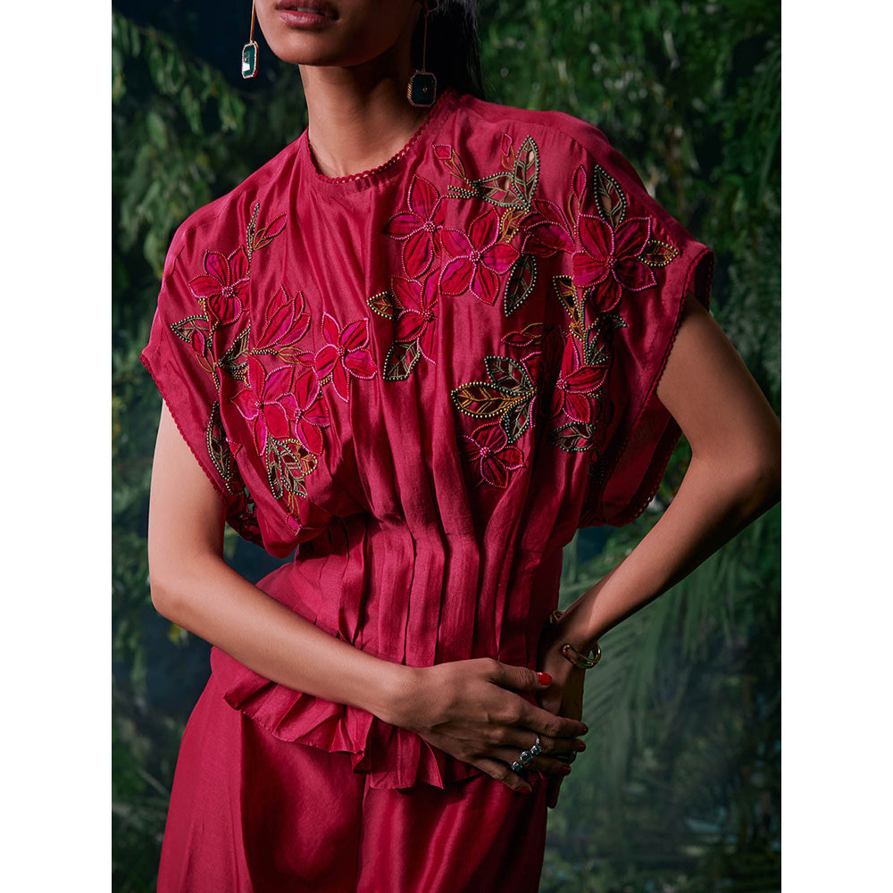 CHANDRIMA Pink Chanderi Floral Flared Sleeves Crew Neck Bead Work Top