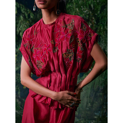 CHANDRIMA Pink Chanderi Floral Flared Sleeves Crew Neck Bead Work Top